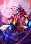  alternate_eye_color bad_id bad_pixiv_id blonde_hair blue_eyes bobby_socks dress flandre_scarlet from_behind hands_together hat heterochromia looking_at_viewer looking_back no_shoes own_hands_together panties red_panties ribbon sitting socks solo striped striped_panties touhou underwear wariza wings wrist_cuffs zhuxiao517 