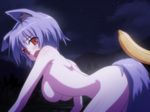  all_fours animal_ears ass back banana blush breasts fang food fruit fumotono_mikoto highres inubashiri_momiji medium_breasts night nude open_mouth red_eyes sexually_suggestive short_hair silver_hair solo tail touhou wolf_ears wolf_tail 