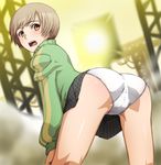  arm_support ass bent_over black_skirt blush brown_eyes brown_hair checkered checkered_skirt fog from_behind highres jacket looking_back miniskirt open_mouth panties persona persona_4 pleated_skirt satonaka_chie short_hair skirt solo surprised tabigarasu track_jacket underwear white_panties 