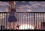  axe backlighting blood blood_stain blue_skirt bow cityscape cloud gasai_yuno hand_on_own_face hatchet letterboxed long_hair looking_at_viewer miniskirt mirai_nikki navel open_mouth pink_eyes pink_hair pleated_skirt railing rooftop school_uniform skirt sky socks solo sun sunset supertie twintails weapon western_hatchet white_legwear yandere 