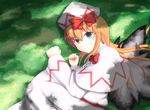  agent_(ikuoikuo) blonde_hair blue_eyes bow fetal_position grass hat hat_bow highres lily_white long_hair looking_at_viewer lying on_side shade solo touhou wings 