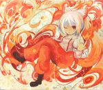  bad_id bad_pixiv_id bow crossed_legs fire flame fujiwara_no_mokou hair_bow hair_ribbon highres isegawa_yasutaka one_eye_closed pants red_eyes ribbon shirt silver_hair sitting solo suspenders touhou 