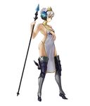  bare_shoulders boots breast_hold breasts crown flower gwendolyn hair_flower hair_ornament hair_up medium_breasts naked_tabard odin_sphere orz_(orz57) polearm purple_eyes revealing_clothes short_hair silver_hair solo spear tabard thigh_boots thighhighs weapon 