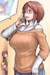  bespectacled blonde_hair blush breasts brown_eyes brown_hair casual cellphone glasses hina_ichigo large_breasts multiple_girls older open_mouth peeking_out phone rozen_maiden short_hair siblings sisters smile souseiseki suiseiseki sweater talking_on_phone tsuda_nanafushi turtleneck twins 