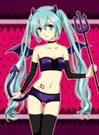  aqua_hair bad_id bad_pixiv_id blue_eyes choker demon_tail demon_wings detached_sleeves hatsune_miku highres horns long_hair natsuka_(ygo75) navel polearm solo sweet_devil_(vocaloid) tail tattoo thigh_gap thighhighs trident twintails very_long_hair vocaloid weapon wings 