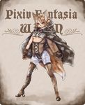  animal_ears asymmetrical_clothes boots braid breasts brown_eyes brown_hair cloak fingerless_gloves gloves high_heels medium_breasts ofuji_(m_w) pixiv_fantasia pixiv_fantasia_wizard_and_knight shoes short_hair solo standing thigh_boots thighhighs twin_braids underboob 