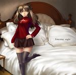  bed black_legwear black_skirt breasts brown_hair face fate/stay_night fate_(series) green_eyes hair_ribbon hand_on_hip highres lips long_hair long_legs medium_breasts miniskirt no_shoes pillow pleated_skirt realmbw ribbon skirt solo standing standing_on_one_leg thigh_gap thighhighs toosaka_rin two_side_up zettai_ryouiki 