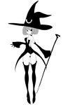  ass boots detached_sleeves gloves greyscale hat ken_(koala) looking_back monochrome original short_hair simple_background sleeves_past_wrists smile solo staff thigh_boots thighhighs witch_hat 