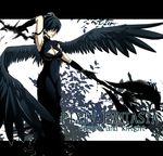  arm_strap black_hair black_wings breasts cleavage cleavage_cutout dress futoshi_(dominos) hair_over_eyes large_wings letterboxed medium_breasts outside_border pixiv_fantasia pixiv_fantasia_wizard_and_knight sleeveless sleeveless_dress solo staff wings 