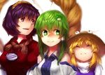  benitama blonde_hair closed_eyes green_eyes green_hair hat kochiya_sanae moriya_suwako multiple_girls purple_eyes purple_hair short_hair simple_background smile touhou yasaka_kanako 