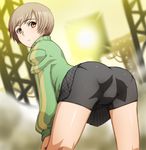  arm_support ass bent_over bike_shorts black_skirt brown_eyes brown_hair checkered checkered_skirt fog from_behind highres jacket looking_back miniskirt pantylines persona persona_4 pleated_skirt satonaka_chie short_hair skirt solo tabigarasu track_jacket 