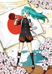  :o absurdres alternate_costume alternate_hairstyle aqua_eyes aqua_hair armband black_legwear cherry_blossoms clog_sandals flag flagpole gakuran gloves hatsune_miku highres japanese_flag kneehighs long_hair looking_at_viewer matsuda_suzuri megaphone mountain open_mouth ouendan patriotism ponytail school_uniform solo toeless_legwear toenail_polish vocaloid white_gloves wind 