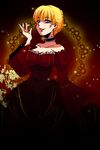  bare_shoulders beatrice blonde_hair blue_eyes breasts choker cleavage dress flower grin hair_flower hair_ornament highres large_breasts plant r-ko_(rayla) rose sleeves_past_wrists smile solo sparkle umineko_no_naku_koro_ni 