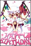  :d ascot blonde_hair border bow dress fang flandre_scarlet happy_birthday hat hat_bow highres masaki_(machisora) on_floor open_mouth paint paint_can paint_splatter paint_stains red_eyes shoes short_hair side_ponytail sitting smile solo spill thighhighs touhou wariza white_legwear wings zettai_ryouiki 