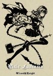  absurdres cape copyright_name cross fingerless_gloves glasses gloves highres long_hair looking_at_viewer miniskirt monochrome pixiv_fantasia pixiv_fantasia_wizard_and_knight pleated_skirt realmbw skirt solo thighhighs zettai_ryouiki 