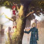  1girl bad_id bad_pixiv_id blonde_hair castle fate/zero fate_(series) in_tree kayneth_el-melloi_archibald parody red_hair ribbon sitting sitting_in_tree sola-ui_nuada-re_sophia-ri tree yuki_(387372210) 