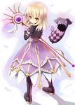  blonde_hair boots bow creature cropped_jacket dress elize_lutus frills frown full_body highres looking_back purple_footwear ribbon short_hair shuuichi_(gothics) staff tales_of_(series) tales_of_xillia teepo_(tales) yellow_eyes 