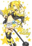  blonde_hair blue_eyes boots cable cd flapper_shirt headphones kusabe_ichii lily_(vocaloid) long_hair microphone microphone_stand microskirt midriff navel pleated_skirt shirt skirt solo star thigh_boots thighhighs vocaloid yellow_skirt 