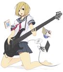  :o bad_id bad_pixiv_id bare_legs barefoot bass_guitar black_skirt blonde_hair brown_eyes cd feet haekake instrument kneeling looking_at_viewer miniskirt open_mouth original pleated_skirt school_uniform serafuku short_hair simple_background skirt solo toes 