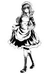  boots cross-laced_footwear dress frilled_dress frills full_body greyscale highres knee_boots lace-up_boots long_hair long_sleeves looking_at_viewer maid maid_headdress medium_dress monochrome original realmbw simple_background skirt_hold smile solo standing white_background 