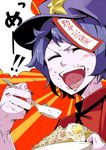  ^_^ bad_id bad_pixiv_id blush closed_eyes eating egg expressive_clothes face fangs food food_on_face fried_rice happy hat miyako_yoshika ofuda open_mouth peptide short_hair shrimp solo star tongue touhou translated 