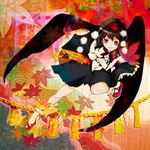  autumn_leaves bad_id bad_pixiv_id black_wings brown_hair hat highres looking_at_viewer mirin_wb red_eyes seigaiha shameimaru_aya smile solo tokin_hat touhou wings 