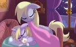  bed blanket blonde_hair curtains cute derpy_hooves_(mlp) dinky_hooves_(mlp) equestria-prevails equine eyes_closed female friendship_is_magic hair horse moon my_little_pony night painting pegasus pillow pony stars trunk unicorn window wings 