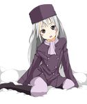  bad_id bad_pixiv_id blush blush_stickers boots child fate/zero fate_(series) hat highres illyasviel_von_einzbern long_hair muttan_(ashiru-f) open_mouth pantyhose purple_hat silver_hair sitting snow solo transparent_background white_legwear winter_clothes 