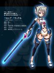  ahoge armpits blue_eyes breastplate character_name character_profile fukai_ryousuke highres hips midriff navel pixiv_fantasia pixiv_fantasia_wizard_and_knight pointy_ears sheath short_hair slit_pupils solo sword thighhighs translation_request weapon white_hair wide_hips zoom_layer 
