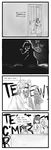  &gt;_&lt; 4koma ahoge angry animal_ears bunny_ears closed_eyes coffee_mug comic cup door english evil_grin evil_smile greyscale grin high_contrast houraisan_kaguya inaba_tewi jess_limcangco monochrome mug multiple_girls power_symbol reisen_udongein_inaba scissors screaming smile touhou yagokoro_eirin 