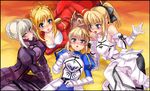  ahoge armor armored_dress artoria_pendragon_(all) bad_id bad_pixiv_id bare_shoulders blonde_hair blue_eyes blush bow breasts cleavage detached_sleeves dress epaulettes fate/extra fate/stay_night fate/unlimited_codes fate_(series) gauntlets green_eyes hair_bow hair_ribbon long_hair maccyman medium_breasts multiple_girls multiple_persona nero_claudius_(fate) nero_claudius_(fate)_(all) ponytail ribbon saber saber_alter saber_lily yellow_eyes 