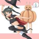  animal_ears bad_id bad_pixiv_id black_hair black_skirt boko_(maniacpurple) boots bunny_ears cape cat_ears cat_tail charlotte_e_yeager choker fang flat_chest francesca_lucchini green_eyes hair_ribbon halloween hat highres leg_up long_hair midriff miniskirt multiple_girls open_mouth pumpkin ribbon skirt smile strike_witches sweatdrop tail thigh_boots thighhighs twintails wand witch_hat world_witches_series 