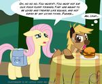  bacon blonde_hair blue_eyes burger english_text equine female feral fluttershy_(mlp) food friendship_is_magic grass hair hamburger horse mammal mlp_fim my_little_pony path pegasus peta pink_hair pony satchel table table_cloth text wings 