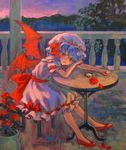  acrylic_paint_(medium) ama-tou balcony bat_wings blue_hair bored chair flower full_body hat highres leaf lonely no_socks pocket_watch pumps red_eyes remilia_scarlet rose short_hair sitting solo table touhou traditional_media watch wings 