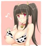  :o animal_print bare_shoulders bell bell_collar bikini black_hair blush bra bra_lift breasts collar cow_bell cow_girl cow_print eighth_note horns lang_(chikage36) large_breasts lingerie long_hair looking_at_viewer musical_note nipple_slip nipples open_mouth original pink_eyes puffy_nipples solo swimsuit twintails underwear upper_body 