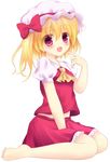  :d ascot bad_id bad_pixiv_id barefoot blush bow finger_to_mouth flandre_scarlet hat hat_bow looking_at_viewer medium_skirt open_mouth pink_eyes red_skirt short_sleeves sitting skirt skirt_set smile solo touhou utahiro_(shima) 