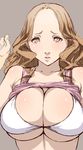  bare_shoulders bikini bikini_top blush breasts brown_eyes brown_hair ebihara_ai forehead highres huge_breasts long_hair open_mouth persona persona_4 poin shirt_lift simple_background sketch solo swimsuit wavy_hair white_bikini 