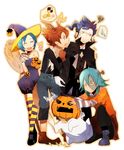  4boys animal_ears bare_shoulders blue_eyes broom brown_hair candy costume food ghost green_hair halloween hat inazuma_eleven_(series) inazuma_eleven_go kariya_masaki kusa_chuu matsukaze_tenma multiple_boys nishizono_shinsuke open_mouth pumpkin pumpkin_hat short_hair sorano_aoi striped striped_legwear thighhighs tsurugi_kyousuke vampire werewolf witch witch_hat yellow_eyes 