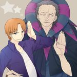  ^_^ bad_id bad_pixiv_id brown_background caster_(fate/zero) closed_eyes dashii_(artist) fate/zero fate_(series) male_focus multiple_boys orange_hair smile star uryuu_ryuunosuke 