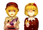  aki_minoriko aki_shizuha benitama blonde_hair food hair_ornament hat leaf leaf_hair_ornament leaf_on_head multiple_girls one_eye_closed orange_eyes short_hair siblings simple_background sisters sweet_potato touhou yellow_eyes 