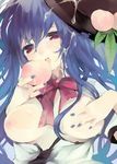  alternate_breast_size bad_id bad_pixiv_id blue_hair bow bowtie breasts cum cum_on_body cum_on_breasts cum_on_clothes cum_on_hair cum_on_upper_body facial food fruit hat hinanawi_tenshi k_(li) large_breasts leaf long_hair nail_polish nipples open_clothes open_mouth open_shirt peach red_eyes ribbon shirt solo touhou upper_body 