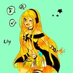  1girl bad_id bad_pixiv_id blonde_hair blue_eyes cable cd collar flapper_shirt headphones lily_(vocaloid) long_hair midriff miniskirt navel one_eye_closed open_mouth pleated_skirt shirt skirt smile solo very_long_hair vocaloid yellow_skirt 