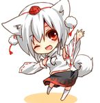  animal_ears bad_id bad_pixiv_id chibi hat inubashiri_momiji one_eye_closed open_mouth sawatari_(sado) smile solo tokin_hat touhou waving wolf_ears 