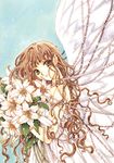 absurdres angel_wings bare_shoulders bouquet brown_eyes brown_hair clamp dress flower head_tilt highres holding holding_flower light_smile lily_(flower) long_hair looking_at_viewer monou_kotori non-web_source official_art pearl scan scan_artifacts sleeveless smile solo traditional_media wavy_hair white_dress wings x_(manga) 