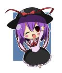  bad_id bad_pixiv_id chibi ebiebiebio frills hat highres nagae_iku one_eye_closed pointing purple_hair red_eyes shawl solo touhou 