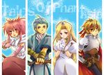  2girls :d arche_klein armor belt blue_eyes blue_hair bow_(weapon) brown_eyes cape chester_barklight cless_alvein coat collar gloves hands_clasped happy headband ichitaro_(ybj/web) long_hair mint_adenade multiple_boys multiple_girls open_mouth own_hands_together pants pink_eyes pink_hair pointing ponytail red_cape smile tales_of_(series) tales_of_phantasia weapon white_gloves 