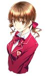  bangs blazer bow bowtie brown_eyes brown_hair curly_hair guilty_crown hair_ribbon highres jacket kikurage_(plastic_people) looking_at_viewer menjou_hare ribbon school_uniform short_hair short_twintails simple_background smile solo twintails white_background 