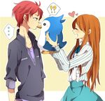  ... 1boy 1girl animal bad_id bad_pixiv_id bird blue_skirt blush brown_hair closed_eyes dress green_eyes heart long_hair mawaru_penguindrum penguin penguin_2-gou penguin_3-gou red_hair short_hair siblings skirt smile takakura_himari takakura_kanba yorozuyozu 