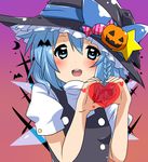  bat black_dress blue_eyes blue_hair blush braid candy cirno cosplay dress food hair_ribbon hat hat_ribbon heart heart_hands highres kirisame_marisa kirisame_marisa_(cosplay) negiko open_mouth pumpkin ribbon shirt smile solo star touhou witch_hat 