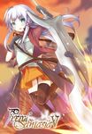  anceril_sacred black_legwear blue_eyes blush cloud leg_lift long_hair miniskirt mishima_kurone orange_skirt pixiv_fantasia pixiv_fantasia_5 pleated_skirt scabbard sheath shirokami_project skirt sky solo sword thighhighs weapon white_hair 